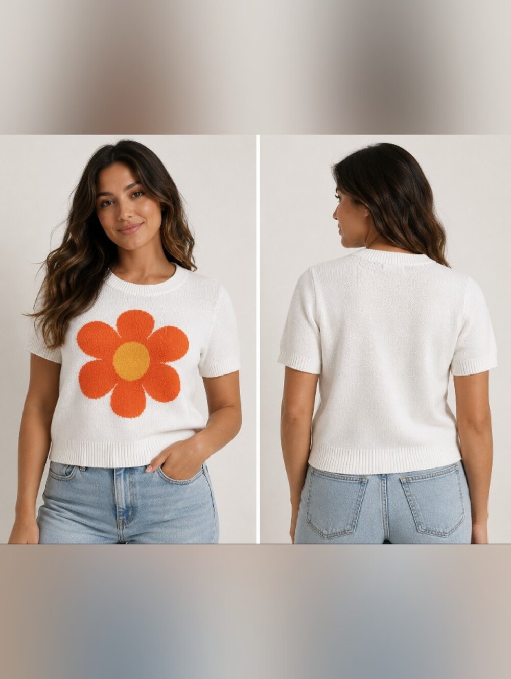 Social Scene  Daisy Flower Knit Sweater Top White Orange Women's Medium